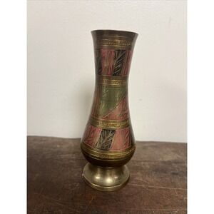 6 Inch Solid Brass Vase with Green, Red, Black Leaves Design Made In India